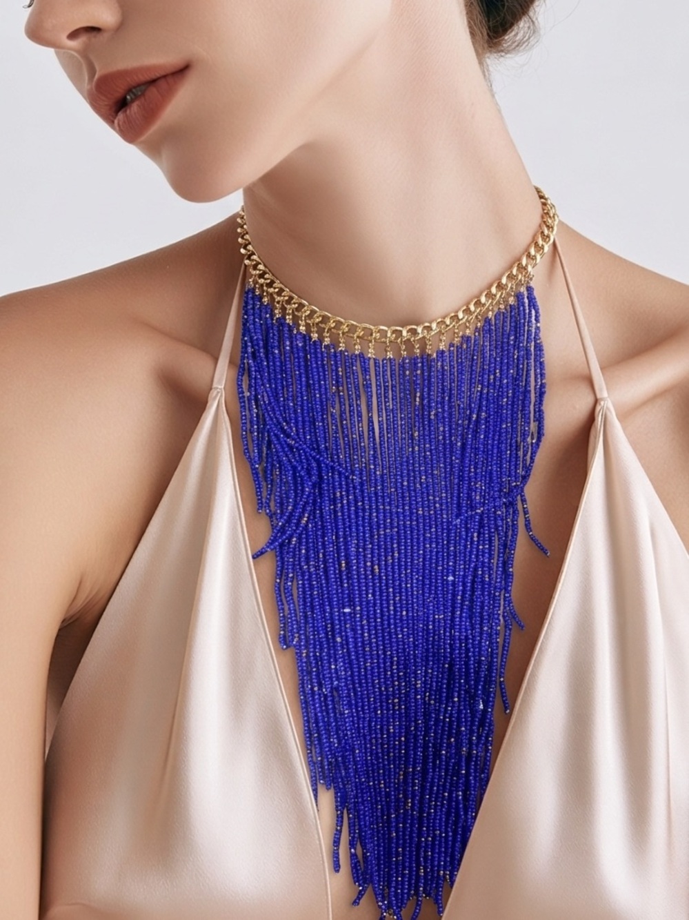 Gold Chain Blue Beaded Fringe Statement Necklace